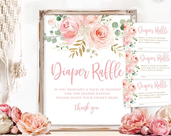 Baby Shower Diaper Raffle Sign and Raffle Tickets, Printable Baby Shower Diaper Raffle Set, Blush Pink Floral Boho, Girl, MCP820