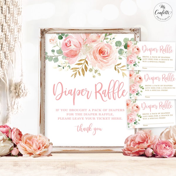 Baby Shower Diaper Raffle Sign and Raffle Tickets, Printable Baby Shower Diaper Raffle Set, Blush Pink Floral Boho, Girl, MCP820