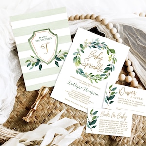 EDITABLE Baby Sprinkle Invitation Template, Printable Baby Sprinkle Invitation Bundle, Greenery Wreath Set, Boy or Girl, MCP814, MCP813, CJB