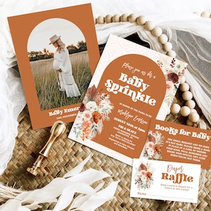 Boho Floral Baby Sprinkle Invitation Bundle Template, Editable, Printable, Pampas, Arch, Terracotta, Rust Orange, Boy, Girl, MCP112, CJB