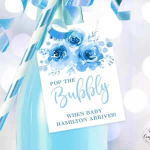 Blue Floral Baby Shower Champagne Tags, Printable Baby Shower Champagne Bottle Tag Template, Pop the Bubbly, Boy, MCP93, CJB