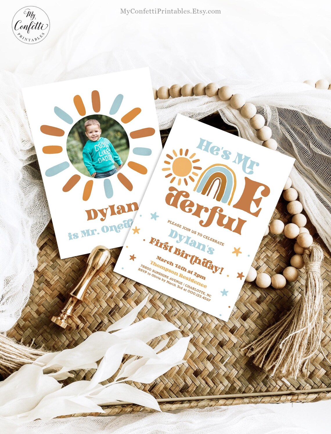 Einladungskarten Zum 1. Geburtstag „Isn’t He Onederful“ – Boho-Bär Design | 20 Karten + Umschläge | Zum Selbstgestalten