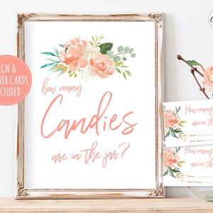 Baby Shower Game Sign and Answer Cards, How Many Candies are in the Jar?, Printable Baby Shower Game, Peach Blush Floral, MCP808