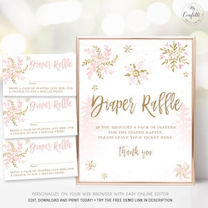 Snowflake Baby Shower Diaper Raffle Sign and Raffle Tickets, Printable Baby Shower Diaper Raffle Set, Winter Baby Shower, Girl, MCP842, CJB