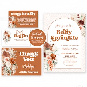 Boho Floral Baby Sprinkle Invitation Bundle Template, Editable, Printable, Pampas, Arch, Terracotta, Rust Orange, Boy, Girl, MCP112, CJB