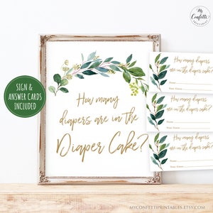 How Many Diapers are in the Diaper Cake? Sign and Answer Cards, Printable Baby Shower Game, Greenery, MCP813, MCP814