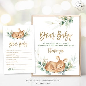 Dear Baby Sign and Note Cards, Printable Baby Shower Activity, Game, Boy Baby Shower, Baby Deer, Greenery, MCP840
