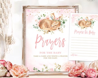 Prayers for the Baby Sign and Note Cards, Printable Baby Shower Activity, Game, Girl Baby Shower, Baby Deer, Pink, Blush, MCP838