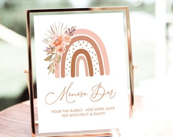 Momosa Bar Sign, Printable Baby Shower Mom-osa Bar Sign, Peachy Pink Boho Rainbow, Girl, Floral, MCP103