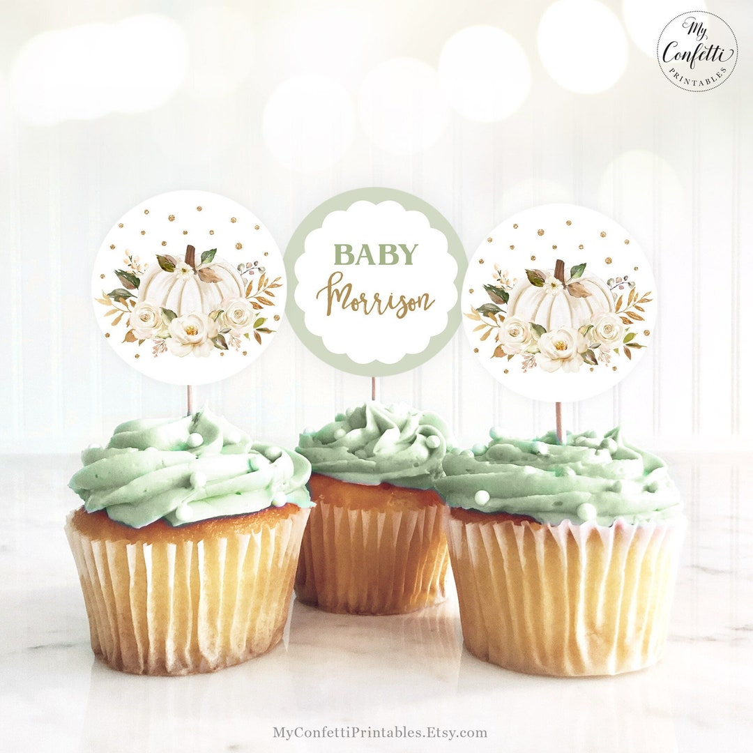 Editable Baby Shower Cupcake Topper Template, White Pumpkin, Fall ...