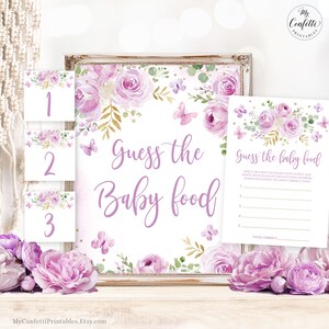 Guess the Baby Food Game, Printable Sign, Cards and Numbers, Lavender, Lilac, Purple, Butterflies, Floral, Girl, Boho, Baby Shower, MCP104