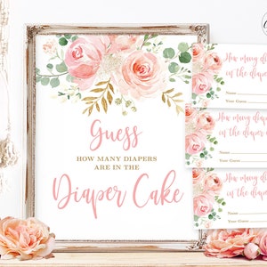 How Many Diapers are in the Diaper Cake? Sign and Answer Cards, Printable Baby Shower Game, Blush Pink Floral, Boho, Girl, MCP820