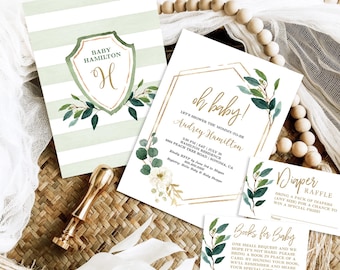Greenery Baby Shower Invitation, EDITABLE Template, Printable Baby Shower Invitation Bundle, Boy, Girl, Oh Baby, MCP813,  MCP814, CJB