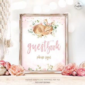 Baby Shower Guestbook Sign, Printable Guest Book Sign for Baby Shower or Birthday, Girl Baby Shower, Baby Deer, Pink, MCP838