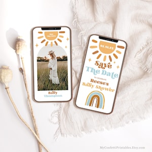 May include: A digital save the date card with a sun and rainbow design. The text reads "Save the Date to celebrate Reese's Baby Shower" with the date "03.18.2X".