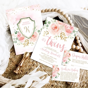 TWINS Blush Pink Floral Baby Shower Invitation Template, EDITABLE, Printable Baby Shower Invitation Bundle, Twin Girls, Boho, MCP820, CJB