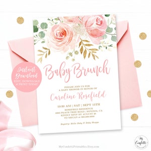 Blush Pink Floral Baby Brunch Shower Invitation, EDITABLE Invitation, Printable Invitation Template, Blush Pink, Gold, Girl, MCP820, CJB