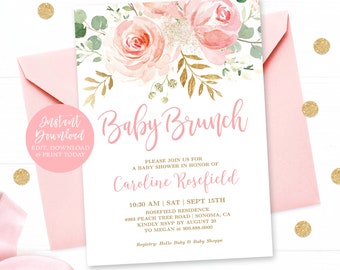 May include: Pink and gold baby shower invitation with floral design. The invitation reads "Baby Brunch" and includes the text "Please join us for a baby shower in honor of Caroline Rosefield".
