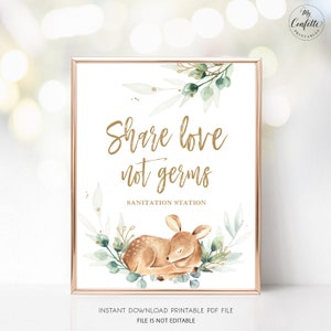 Baby Shower Share Love Not Germs Sign, Printable Sanitation Station Sign, Boy Baby Shower, Baby Deer, Greenery, MCP840
