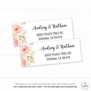 May include: Two pink and gold floral address labels with the text "Audrey & Nathan" and the address "8993 Peach Tree Rd, Sonoma, CA 95476".