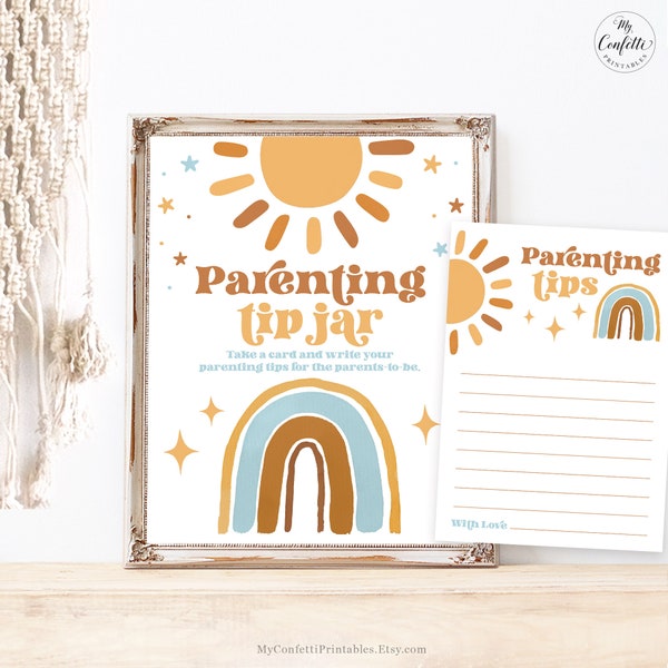 Parenting Tip Jar Sign and Cards, Printable Parenting Tips, Sunshine, Rainbow, Retro, Sun, Blue, Boho, Boy Baby Shower, Download, MCP101