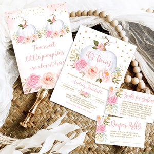 Fall Twins Baby Shower Invitation Bundle Girl, It&#39;s Twins Baby Shower EDITABLE Invitation Template, Printable, Fall, Pink, MCP826, CJB