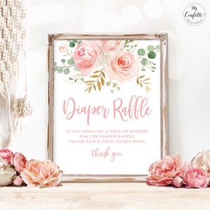 Blush Pink Floral Baby Shower Diaper Raffle Sign, Printable Baby Shower Diaper Raffle Sign, Boho, Girl, MCP820