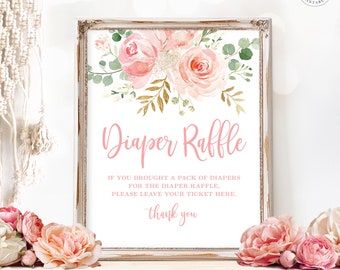 Blush Pink Floral Baby Shower Diaper Raffle Sign, Printable Baby Shower Diaper Raffle Sign, Boho, Girl, MCP820