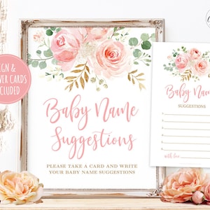 Printable Baby Name Suggestions Sign and Cards, Blush Pink Floral, Gold, Girl Baby Shower Game, Blush Pink Floral, Name Suggestion, MCP820