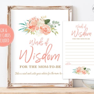 Advice for Mom-To-Be Sign or Parents-to-Be and Note Cards, Printable Baby Shower Words of Wisdom Sign and Cards, Peach Floral, MCP808