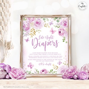 Late Night Diapers, Baby Shower Game Sign, Printable, Lavender, Lilac, Purple, Butterflies, Butterfly, Girl, Floral, MCP104