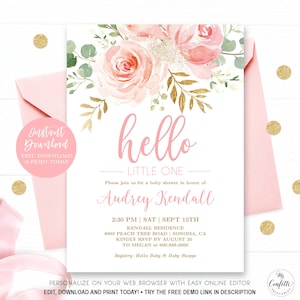 Hello Little One, Baby Welcome or Baby Shower Invitation Template, Printable, Editable, Blush Pink Floral, Girl, MCP820, CJB