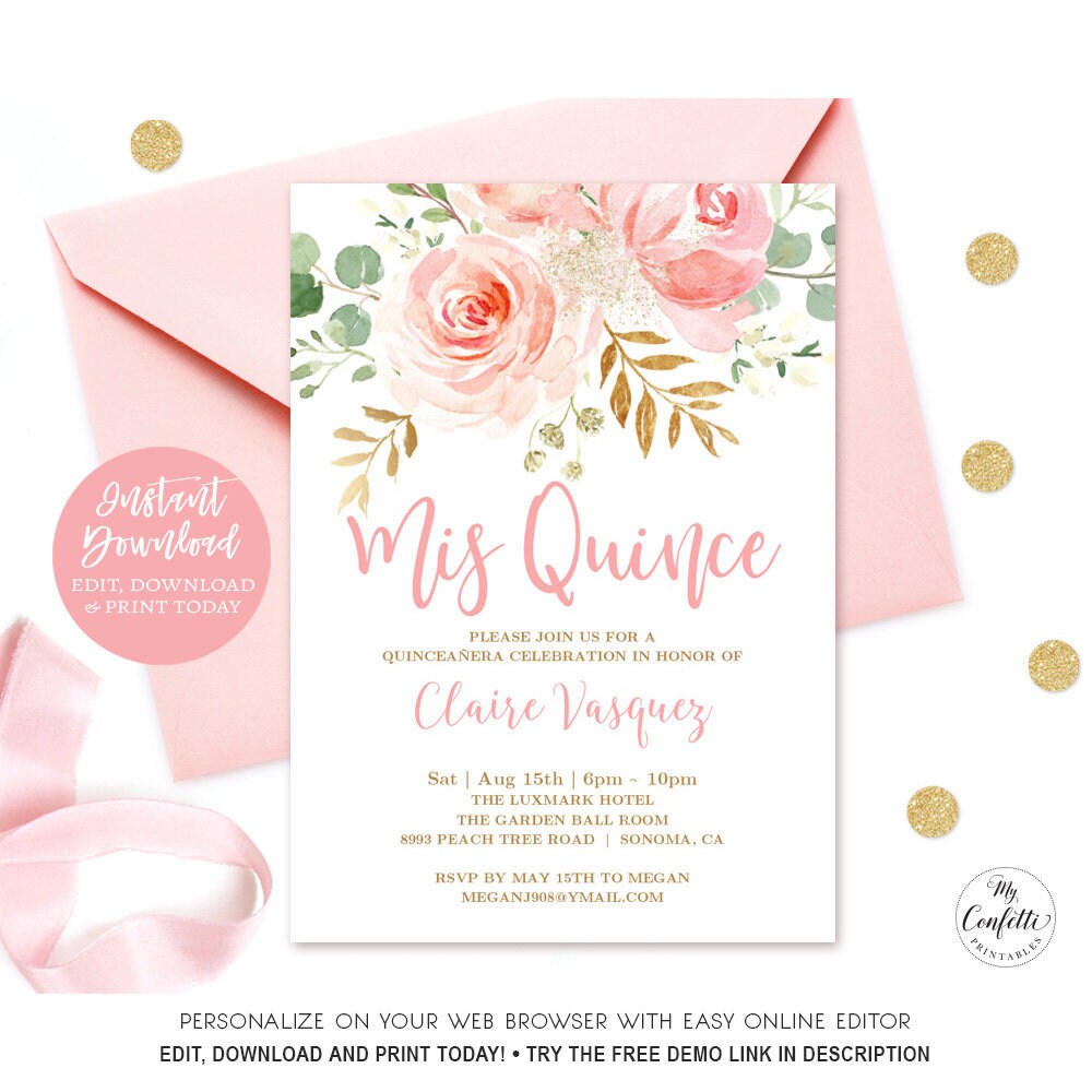 EDITABLE Blush Pink Floral Quinceañera Invitation, Printable Quinceañera Birthday Party Invitation Template, Mis Quince, MCP823, CJB