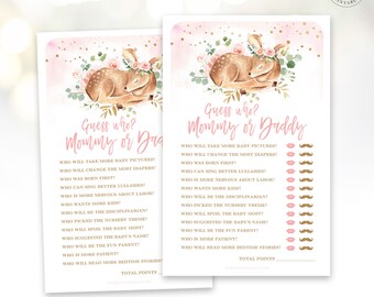Guess Who? Mommy or Daddy Game, Printable Baby Shower Game, Baby Shower Party Games, Girl Baby Shower, Pink, Baby Deer, Baby Girl, MCP838