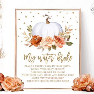 My Water Broke Game Sign, Printable My Water Broke Sign, Baby Shower, Boy or Girl, Gender Neutral, Pumpkin, Fall, MCP92