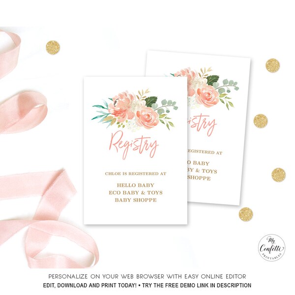 Peach Floral Gift Registry Card, Girl Baby Shower Registry Card, Gold, Boho, MCP808, CJB