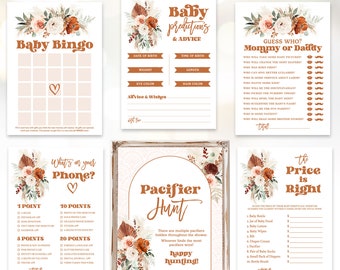 Boho Baby Shower Game Bundle, Printable Baby Shower Games, Pampas, Floral, Retro, Terracotta, Baby Predictions, Pacifier Hunt, Bingo, MCP112