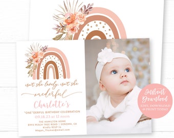 Isn't She Onederful, Rainbow Birthday Photo Invitation, Printable First Birthday Invitation Template, Pink Boho Rainbow, MCP88, CJB