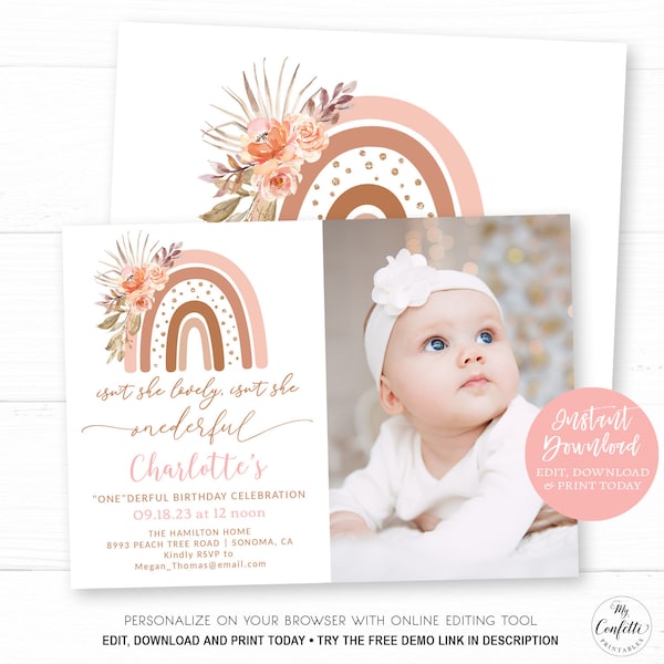 Isn't She Onederful, Rainbow Birthday Photo Invitation, Printable First Birthday Invitation Template, Pink Boho Rainbow, MCP88, CJB