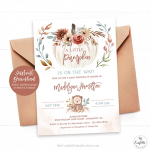 A Little Pumpkin Is On The Way invitation, Editable Pumpkin & Bear Baby Shower Invitation Template, Printable, Boho, Fall, Boy, MCP108, CJB