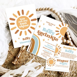 Editable Baby Sprinkle Invitation Bundle Template, Printable, Boy Baby Sprinkle Invite, Sunshine, Rainbow, Retro, Sun, Boho, MCP101, CJB