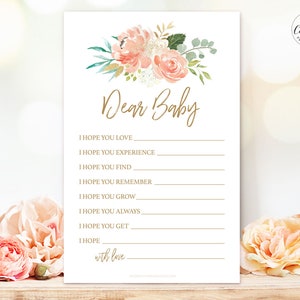 Printable Dear Baby Game, Baby Shower Game, Peach Blush Floral, Gold, Girl Baby Shower Party Games, MCP808