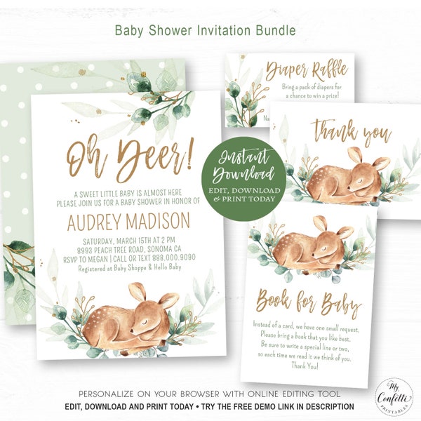 Baby Shower Invitation Bundle, Printable Boy Baby Shower Invitation, EDITABLE Invitation Template, Baby Deer, Oh Deer, Greenery, MCP840, CJB