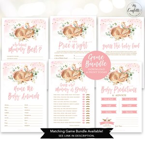 May include: A printable baby shower game bundle featuring a pink and gold colour scheme with a cute deer illustration. The games include "Who Knows Mommy Best?", "Price is Right", "Guess the Baby Food", "Name the Baby Animals", "Guess Who: Mommy or Daddy", and "Baby Predictions & Advice".