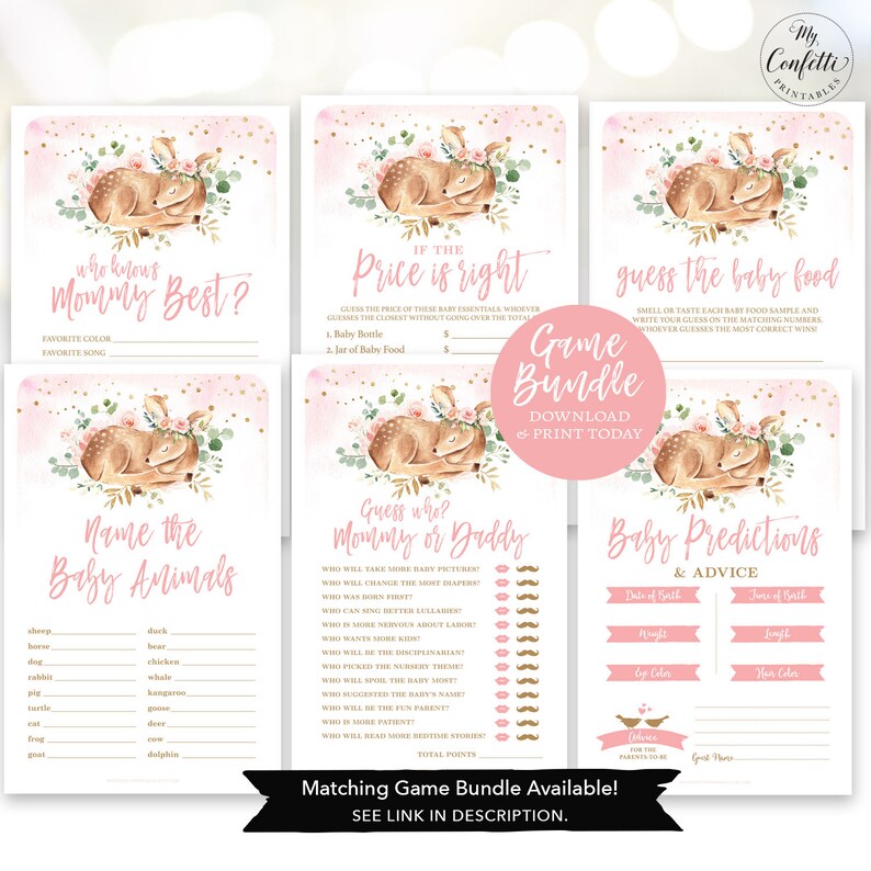 May include: A printable baby shower game bundle featuring a pink and gold colour scheme with a cute deer illustration. The games include "Who Knows Mommy Best?", "Price is Right", "Guess the Baby Food", "Name the Baby Animals", "Guess Who: Mommy or Daddy", and "Baby Predictions & Advice".