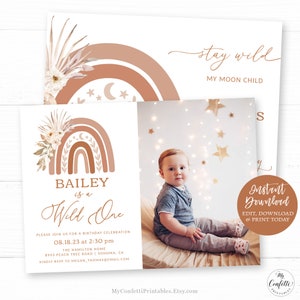 Boho Rainbow First Birthday Photo Invitation, Wild One, Printable Birthday Invitation Template, EDITABLE, Boho, Boy or Girl, MCP89, CJB