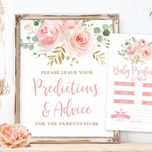 Baby Predictions and Advice for Parents-To-Be Sign and Cards, Printable Baby Shower Game, Blush Pink Floral, MCP820