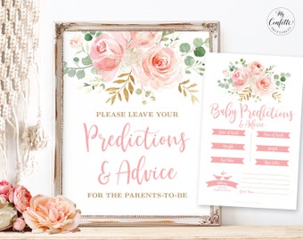 Baby Predictions and Advice for Parents-To-Be Sign and Cards, Printable Baby Shower Game, Blush Pink Floral, MCP820