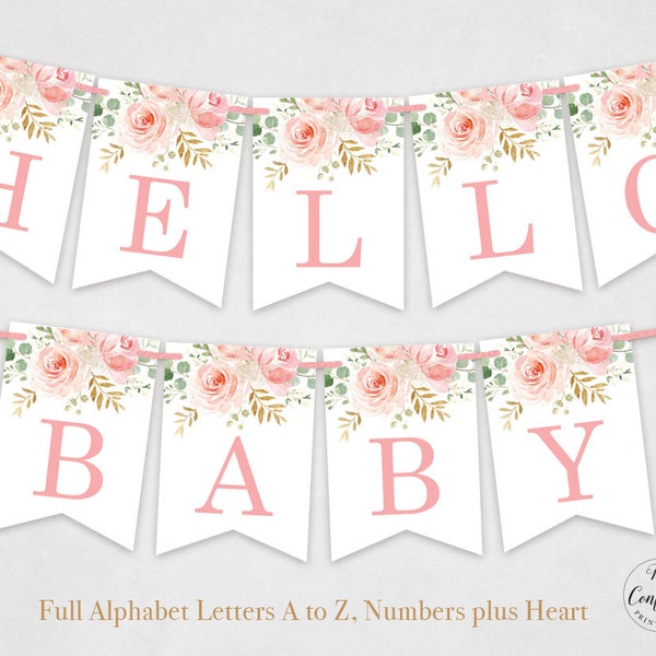 Printable Alphabet Banner Set, Letters A to Z, Numbers plus Heart, DIY Baby Shower Banner, Birthday, Blush Pink Floral, Girl, MCP820, MCP821