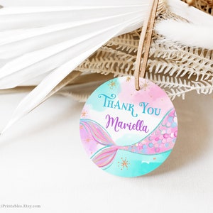 Birthday Favor Tags, Editable Circle Favor Tag Template, Printable, 2 inch, 1.5 inch, Ocean, Mermaid, Sea, Thank You, Girl, MCP106, CJB